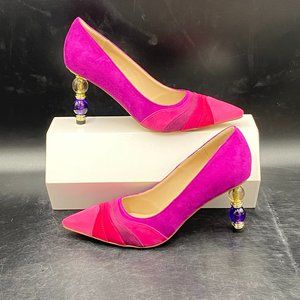 A FOWT pink suede pointy toe crystal kitten low heels slippers pumps shoes